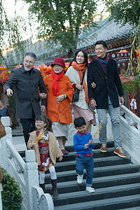 北京地坛庙会公园游玩的幸福六口之家背景