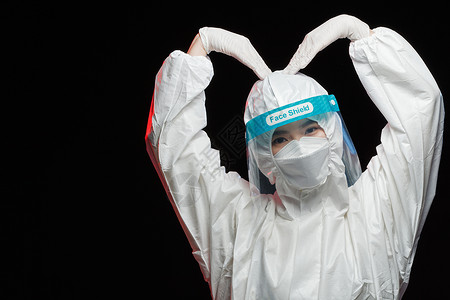 兔子造型穿防护服的医护人员做心形造型背景