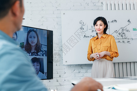 领导视频商务男女在会议室开视频会议背景
