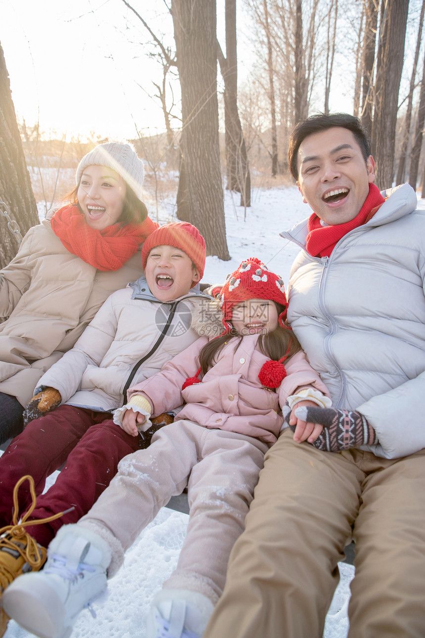 雪地里荡秋千的快乐家庭图片