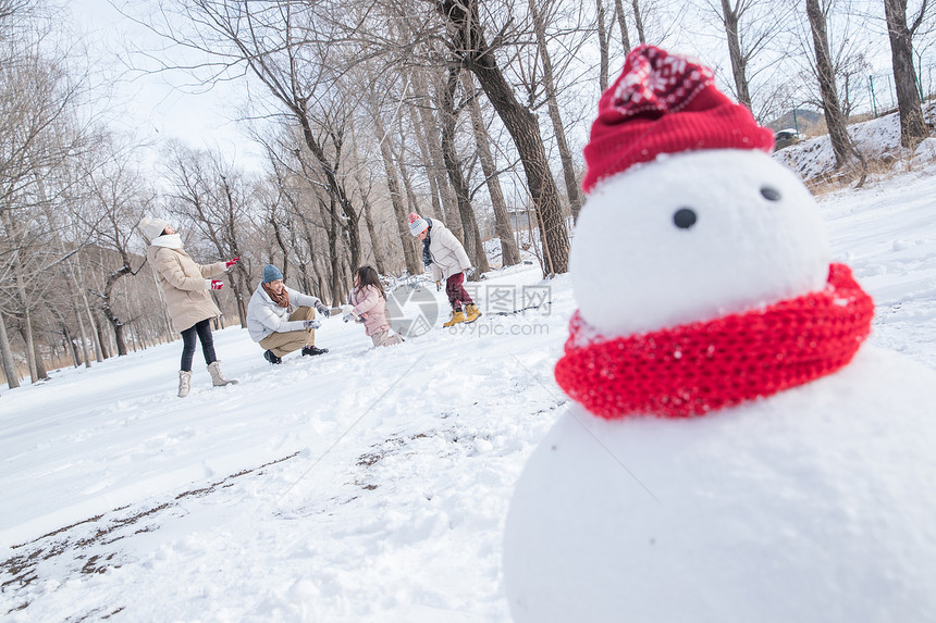 快乐的一家人在雪地里玩耍图片