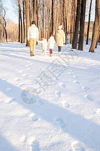 快乐家庭在雪地里散步高清图片