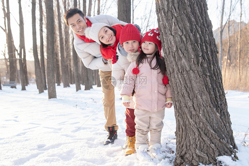 快乐家庭在雪地里玩耍图片