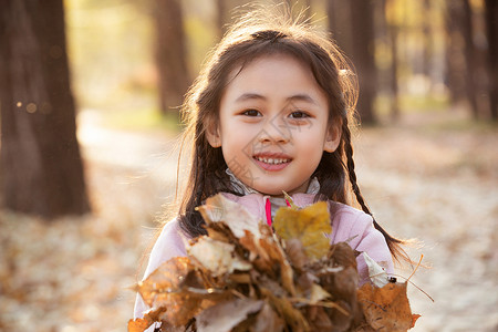 可爱的小女孩在户外捡树叶图片
