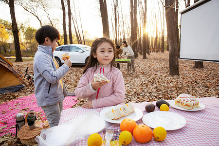 夕阳下幸福家庭户外露营野餐图片