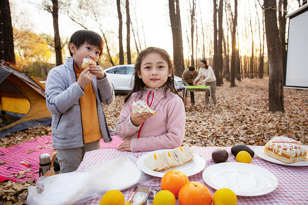 秋天幸福家庭在户外露营野餐高清图片