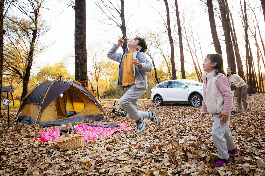 秋天快乐的孩子们和母亲在户外露营图片