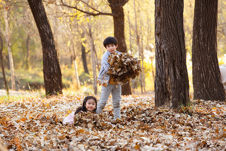 可爱的男孩女孩在户外玩树叶图片