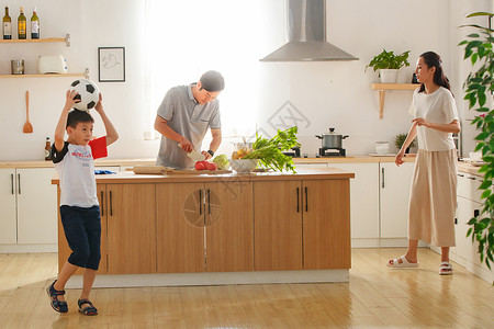 中国居民平衡膳食宝塔在厨房里的幸福家庭背景