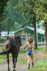 马场内青年女人牵着马的背影图片