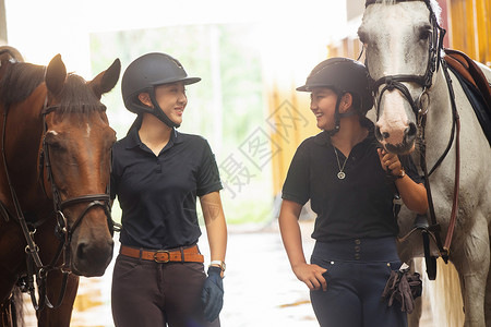 红棕色背景马厩走廊里快乐的姐妹牵着马聊天背景