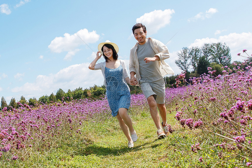 青年夫妇手牵手在花海里奔跑图片