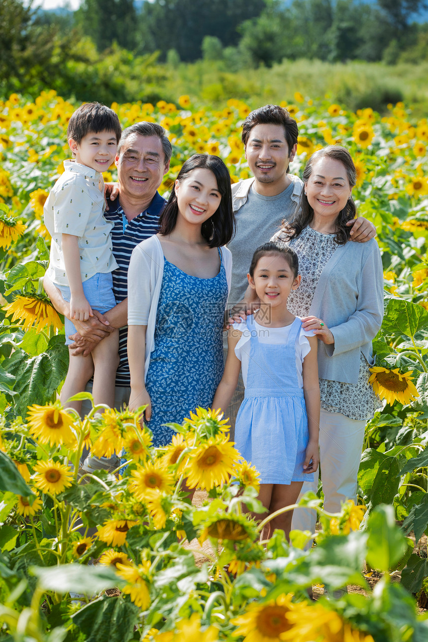 站在花海里的幸福一家人图片