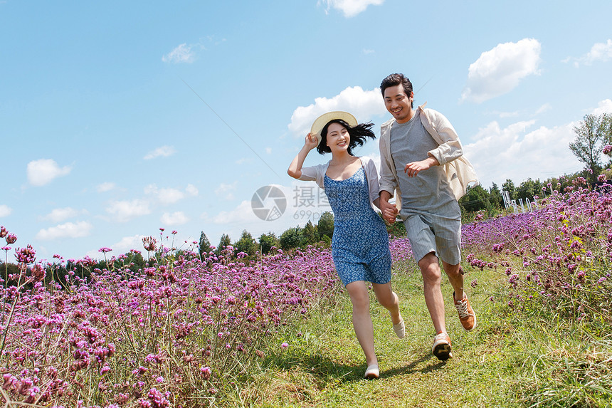 青年夫妇手牵手在花海里奔跑图片