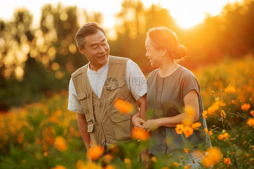 花丛中幸福的老年夫妇图片