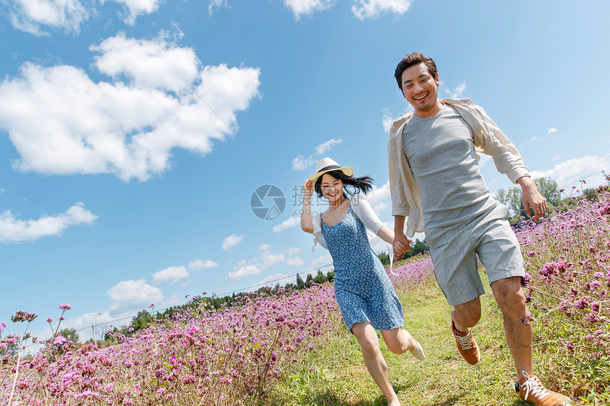 青年夫妇手牵手在花海里奔跑图片