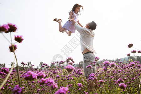 父亲抱着女儿在花丛中玩耍高清图片