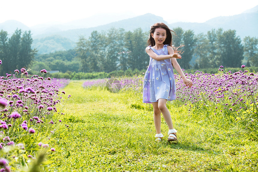 快乐的小女孩在花海里奔跑图片