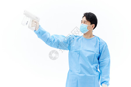 医用隔离衣防疫志愿者使用消毒枪形象背景
