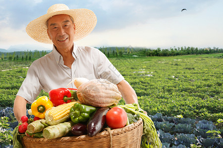 农民在田头拿着一筐蔬菜高清图片
