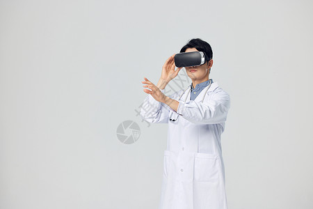 人工智能医疗穿白大褂戴着vr眼镜的医生形象背景