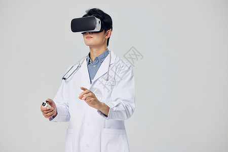 3D听诊器穿白大褂戴着vr眼镜的医生形象背景