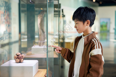 参观箱在博物馆里参观的小男孩背景