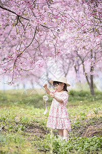 春天樱花下春游踏青的可爱小女孩图片