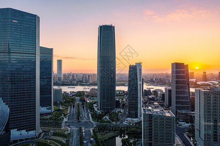 上海徐汇滨江西岸城市建筑群航拍日出高清图片