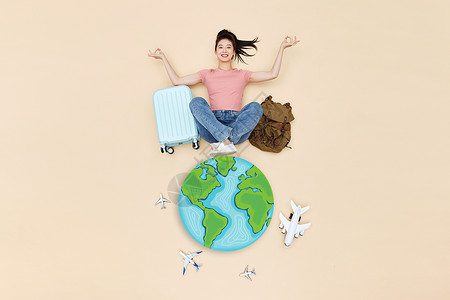 飞机环球创意俯拍活力女性环球世界旅行背景