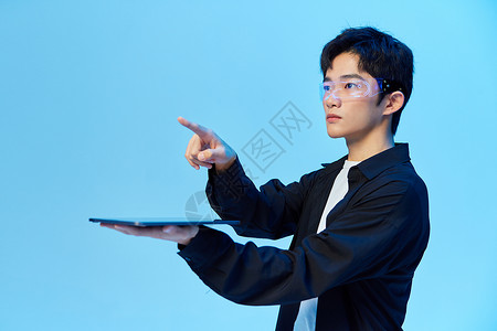 人工智能触碰科技科技男青年触碰虚拟屏幕手势背景