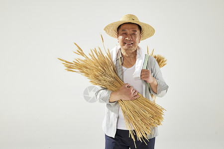长着的麦子抱着小麦的农民伯伯背景