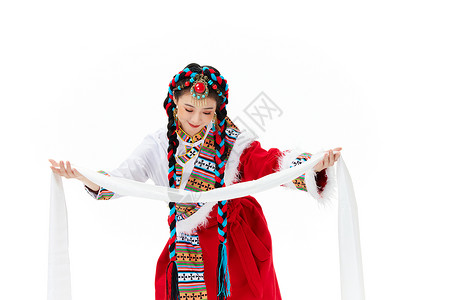 白底女人藏族少女献上哈达背景