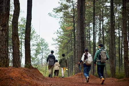 小孩户外运动一家五口登山徒步背影背景