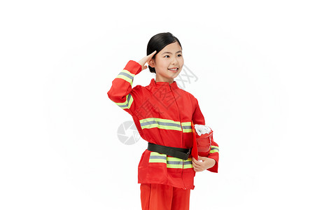 小孩敬礼身穿消防员服装的小女孩敬礼背景