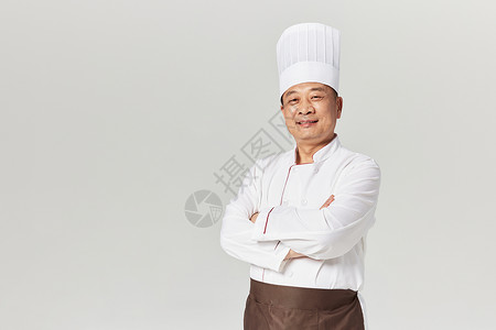 餐饮宣传折页中年男性厨师抱胸形象背景
