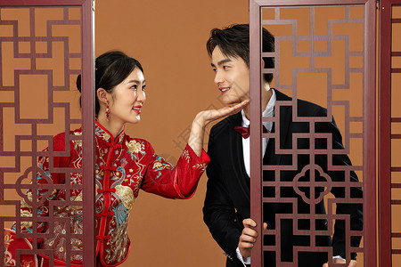 甜蜜中式结婚照背景图片
