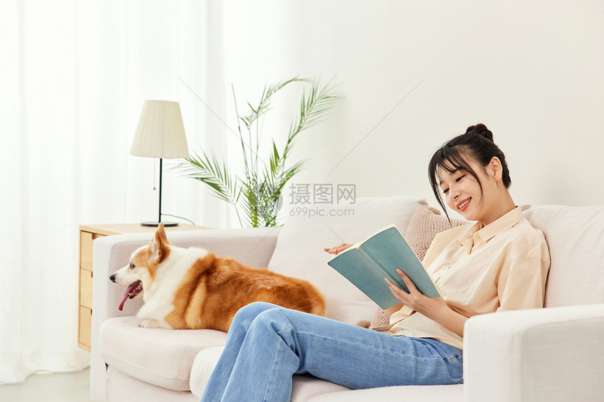 客厅里看书的青年女性和宠物柯基图片