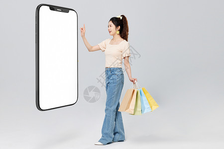 女装手机首页线上购物的女子虚拟屏幕点击背景