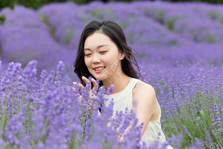 女生近距离观察薰衣草高清图片