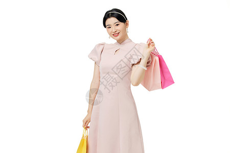 国风促销新中式女性手拿购物袋形象背景