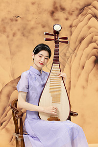 音乐山水素材山水背景抱着琵琶的旗袍女性背景
