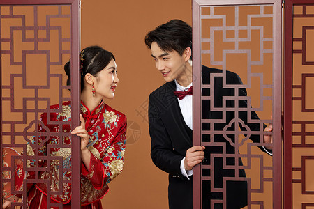 中式新人喜庆传统中式结婚服饰新人形象背景