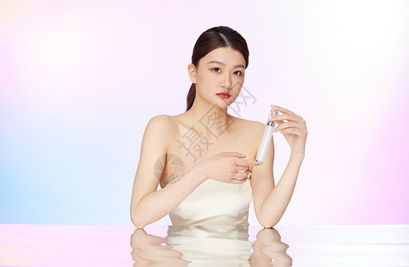3D炫彩口红手持化妆品展示的年轻美女背景