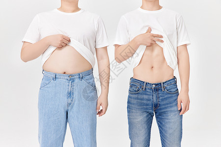 女腹肌肌肉男和肥胖男性肚子对比背景