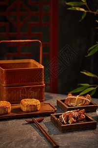 六月节日传统节日中秋月饼和大闸蟹背景