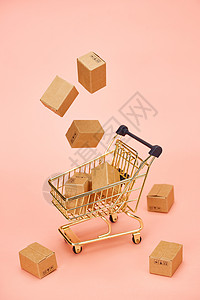 打折电商网购概念漂浮的物流快递盒和购物车背景