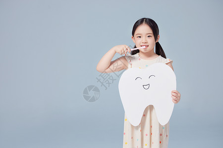 小女孩刷着牙举着牙齿模型手举牌背景图片