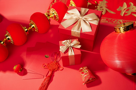 春节礼盒红包灯笼背景图片