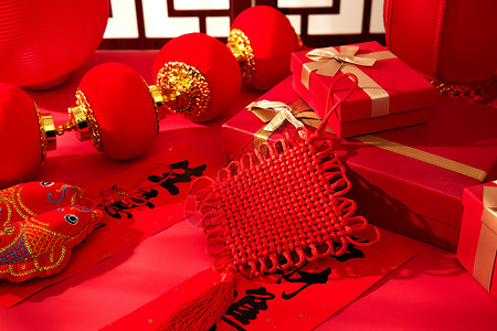 春节红色中国结与小灯笼背景图片